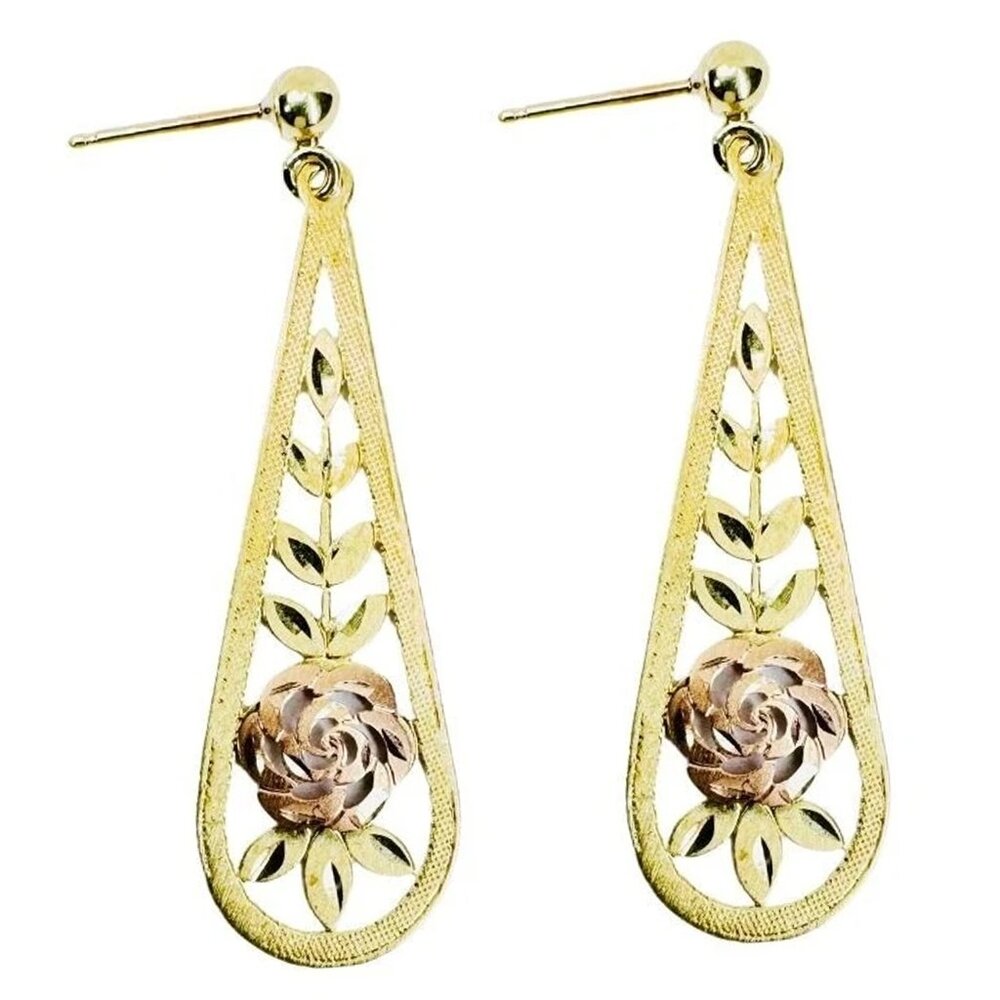 14k Multi-tone Gold Fine Etched Rose Dangle Earrings